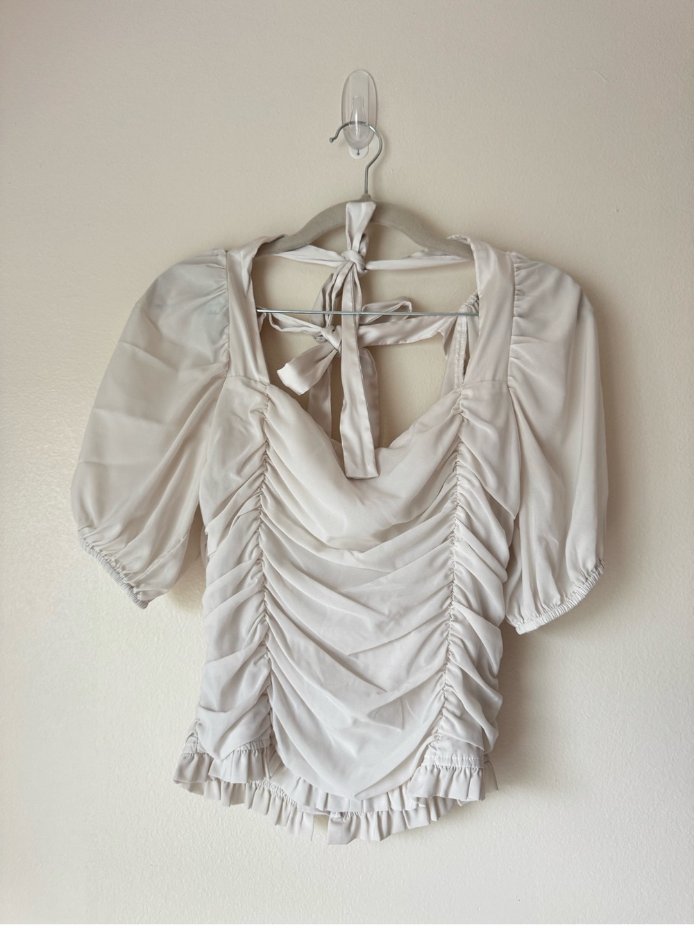 For Love And Lemons Cream Ruched Tie-Back Puff Sleeve Top